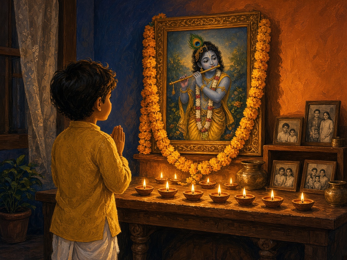 Child with folded hands in front of an altar with Lord Krishna and ancestor photos