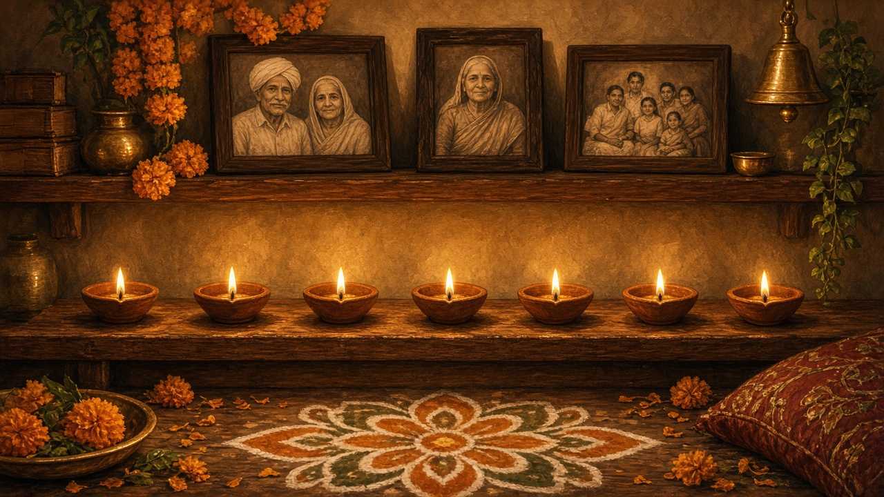 Row of lit clay diyas in a family prayer room during Pitru Paksha