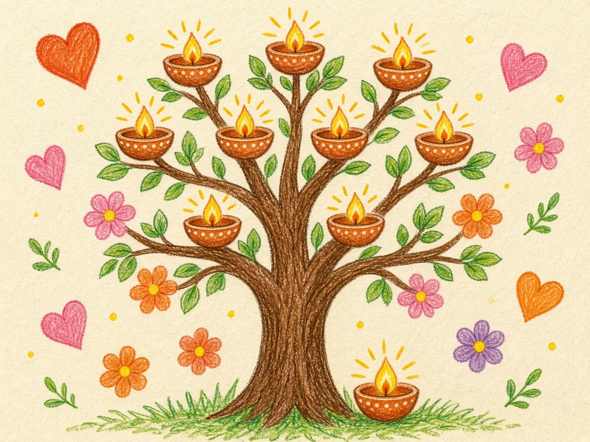 Family lamp tree drawing showing generations as lamps
